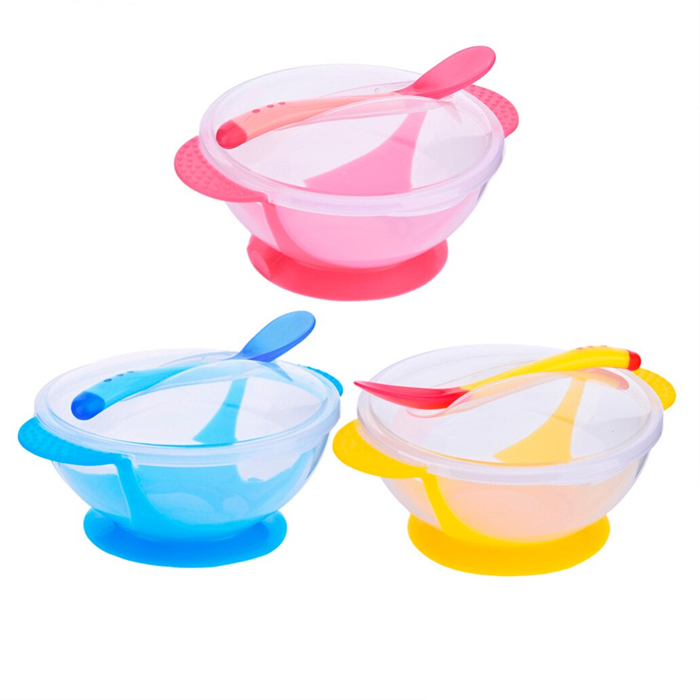 Transparent Baby Feeding Suction Bowl with Lid and Spoon